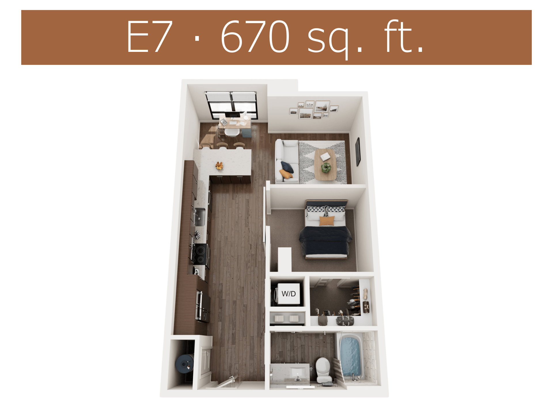 Floor plan for 1 bed, 1 bath, 670 sqft